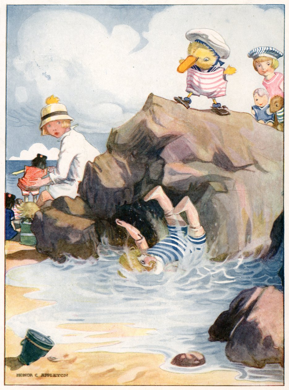 "Köyhä Amy putosi aivan meren alle", kuvitus teoksesta "Josephine is Busy", H.C. Cradock, julkaisija Blackie & Son, Ltd. (väri litho) tekijältä Honor Charlotte Appleton