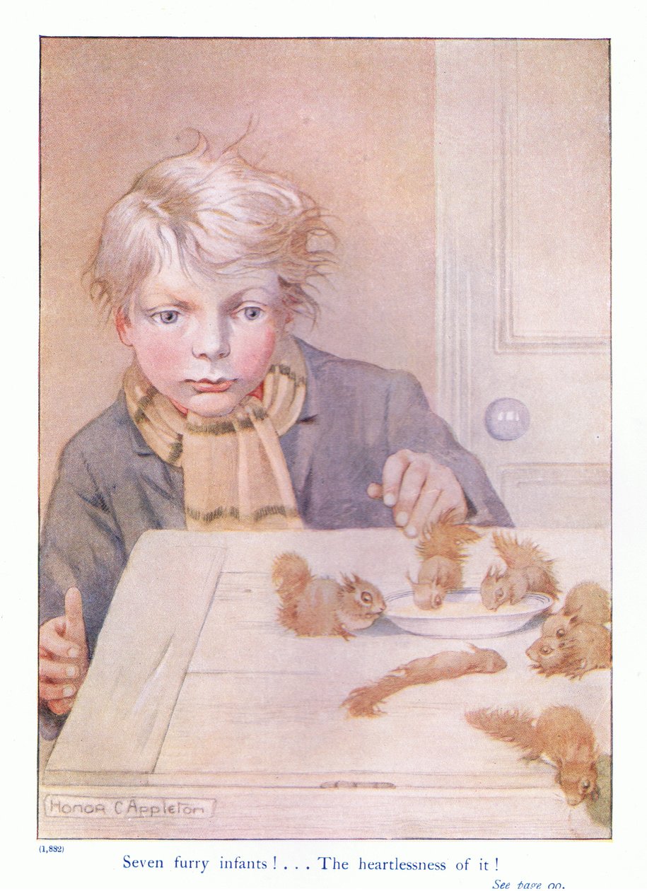 Seitsemän karvaista vauvaa, kuvitus Eleanor Tyrellin teoksesta More About the Squirrels, n. 1915 (väri litho) tekijältä Honor Charlotte Appleton