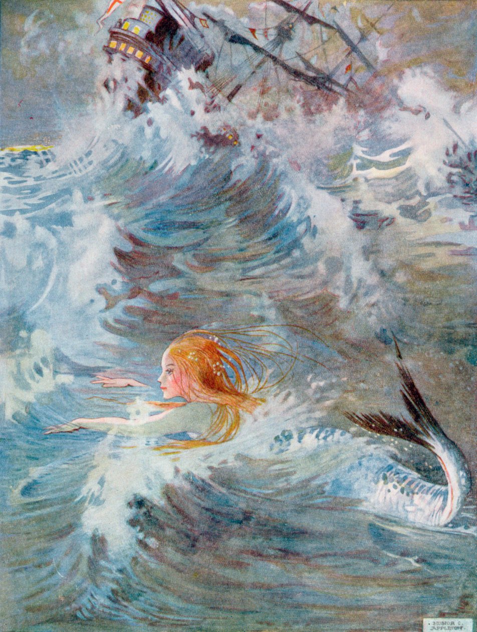 Hän sukelsi syvälle veden alle noustaen jälleen aaltojen väliin kirjasta "Pieni merenneito" Hans Christian Andersenin (1805-75) "Fairy Stories" -painoksessa 1920 (akvarelli paperille) tekijältä Honor Charlotte Appleton