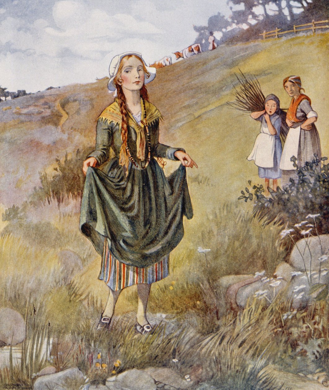 Joten Inger puki ylleen älyvaatteensa ja uudet kenkänsä Hans Christian Andersenin (1805-75) satujen painoksesta 1920 (akvarelli paperille) "Tyttö, joka tallasi leipää" tekijältä Honor Charlotte Appleton