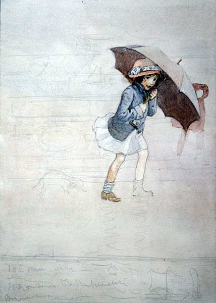 The Rain (akvarelli vartalovärillä ja kynällä paperille) tekijältä Honor Charlotte Appleton