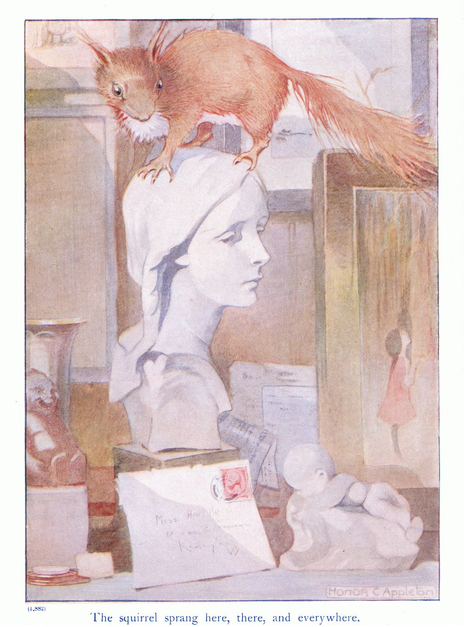 Orava hyppäsi siellä, siellä ja kaikkialla, kuvitus Eleanor Tyrellin teoksesta More About the Squirrels, n. 1915 (väri litho) tekijältä Honor Charlotte Appleton