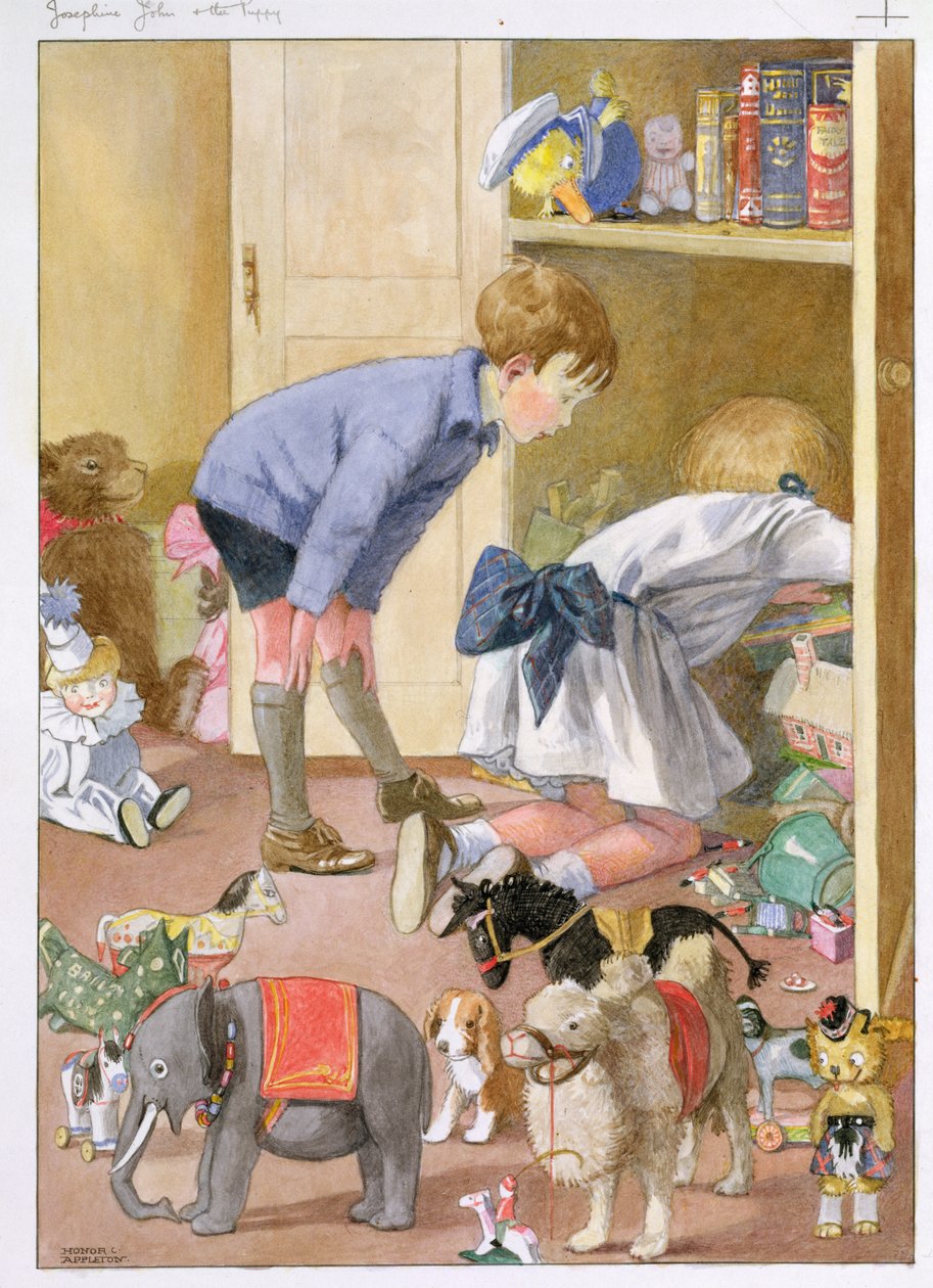 "Metsästämme kaapissa, ja vihdoin löysin hänet", kuvitus rouva H.C.:sta "Josephine, John and the Puppy". Cradock, pubi. kirjoittanut Blackie and Son tekijältä Honor Charlotte Appleton