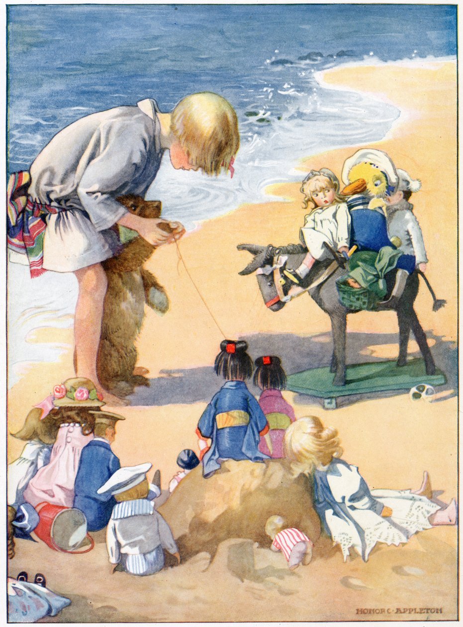 "Teimme Big Teddyn olemaan aasipoika", kuvitus teoksesta "Josephine is Busy", kirjoittanut H.C. Cradock, julkaisija Blackie & Son, Ltd. (väri litho) tekijältä Honor Charlotte Appleton