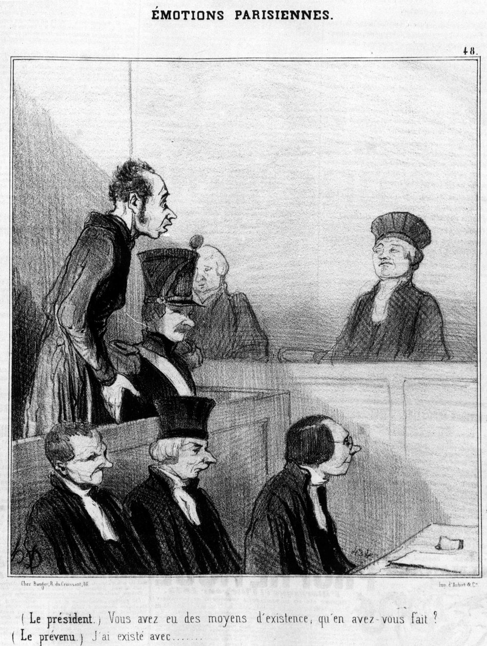 (Presidentti) Sinulla oli toimeentulo, mitä teit sillä? (Syytetty) Olen olemassa..., sarjan sarjakuvia Pariisin tunteista, kirjoittanut Honore Daumier (1808-1879). “Charivari” tekijältä Honoré Daumier
