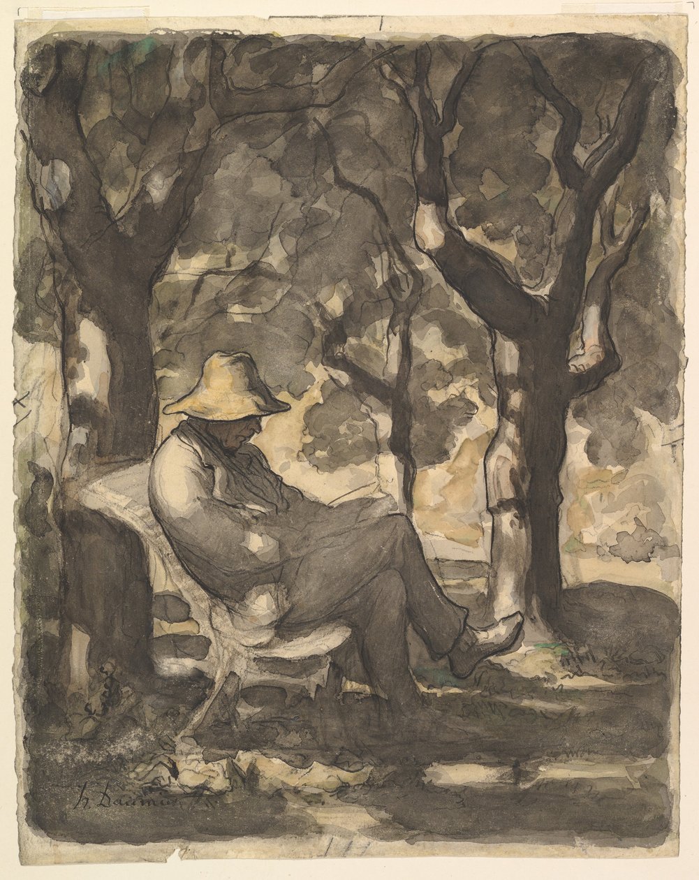 Mies lukemassa puutarhassa recto, alustava luonnos miehelle, joka lukee puutarhassa v..., n. 1865. tekijältä Honoré Daumier