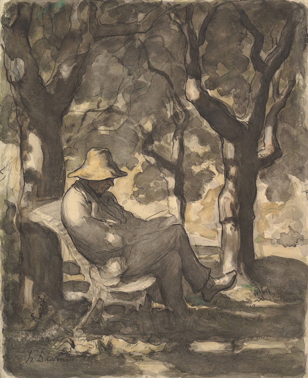 Mies lukemassa puutarhassa recto..., n. 1865. tekijältä Honoré Daumier