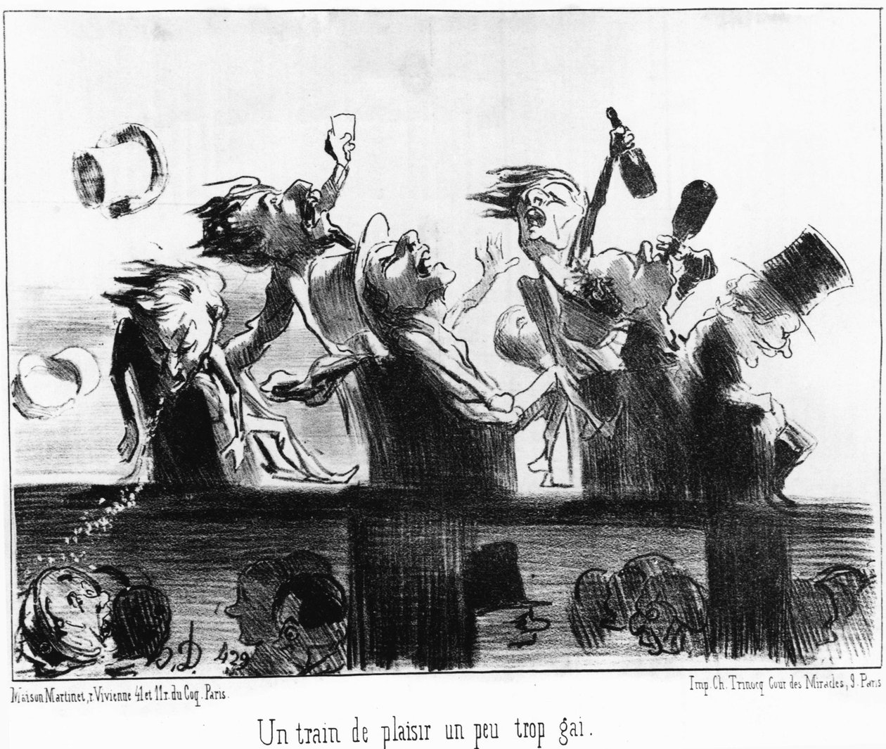 Hauska juna hieman liian iloinen: otettu "" Les trains de Plaisir" -sarjakuvasta Honore Daumierin (1808-1879) rautateillä. “Charivari” tekijältä Honoré Daumier
