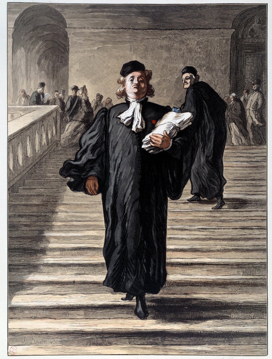 Lakimies mekossa oikeustalossa. Honore Daumierin (1808-1879) litografia 1800-luvun Pariisi, Musee Carnavalet tekijältä Honoré Daumier