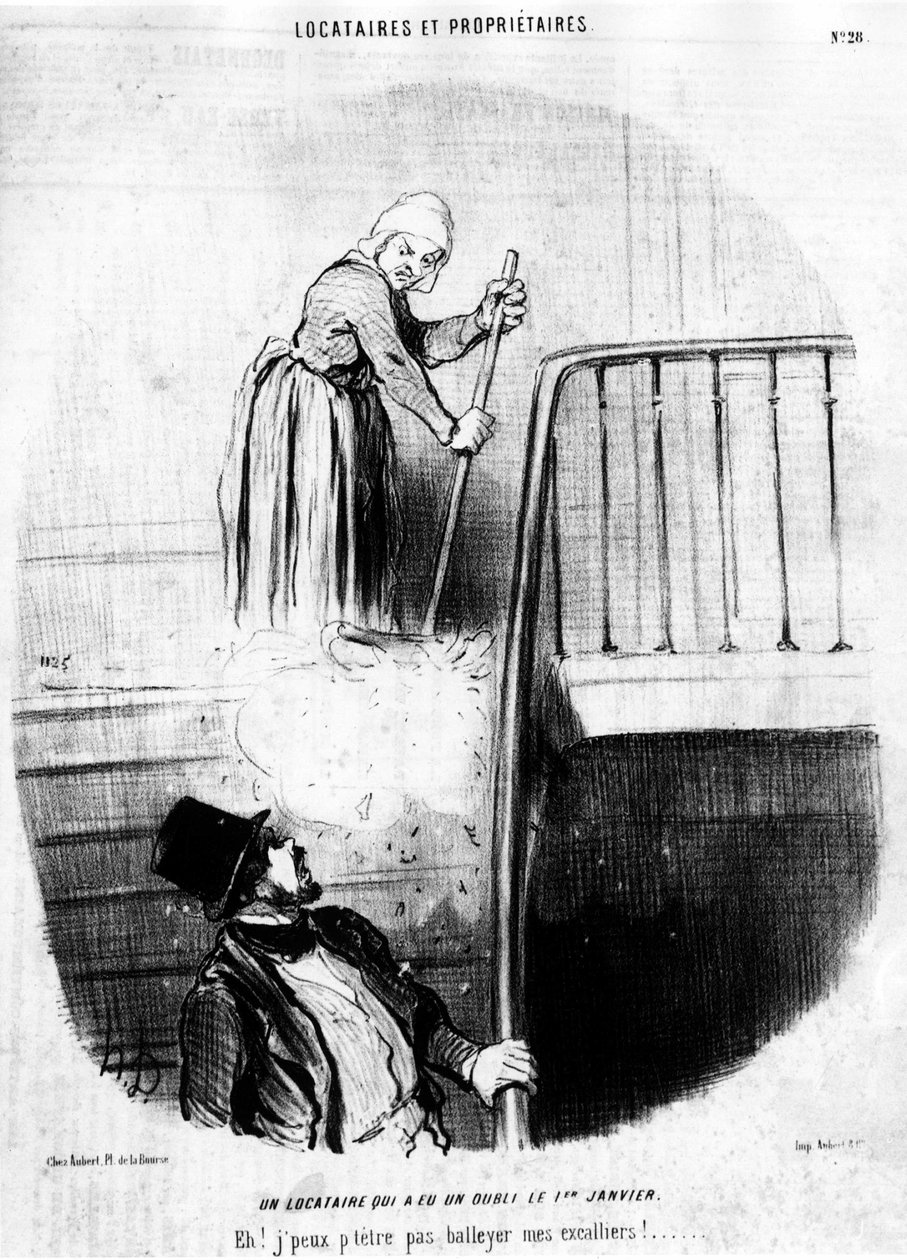 Vuokralainen, joka oli unohdettu 1. tammikuuta. Hei, en voi heittää kiipeilijöitäni! , otettu Honore Daumierin (1808-1879) sarjakuvasarjasta "Tenants et Owners". "Charivari" tekijältä Honoré Daumier