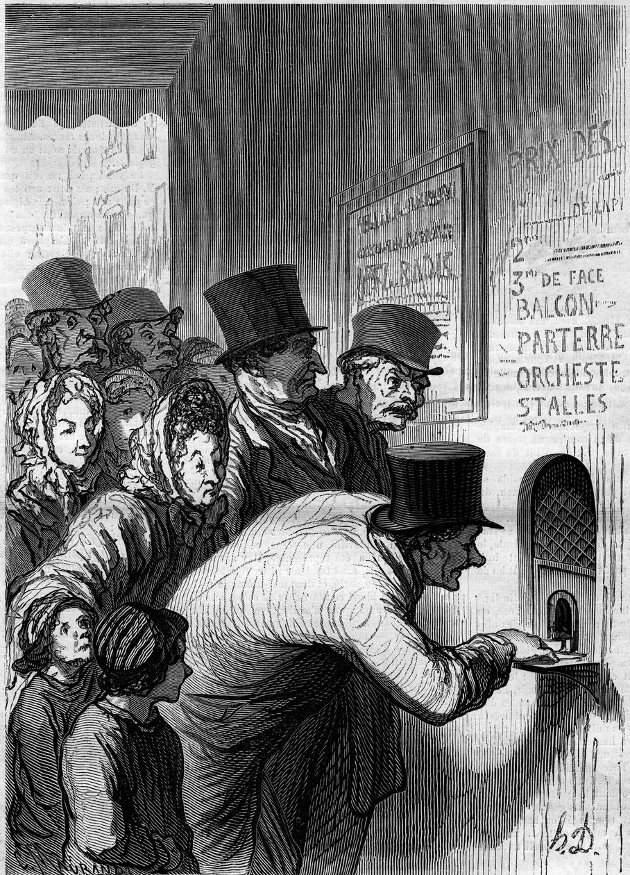 Teatterin ikkuna. Sarjakuva Honore Daumier (1808-1879). Kaiverrus "" Le Monde Illustré" -julkaisussa nro 269, 7. kesäkuuta 1862. tekijältä Honoré Daumier