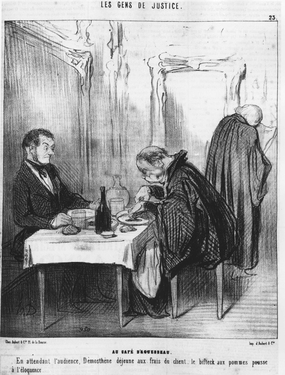 Aguesseaun kahvila. Odottaessaan oikeudenkäyntiä Demosthen oli nuori asiakkaan kustannuksella, omenapihvi kasvoi kaunopuheiseksi, joka on otettu Honore Daumierin (1808-1879) sarjasta "Gens de Justice" -sarjasta oikeudenmukaisuudesta. "Charivari" tekijältä Honoré Daumier