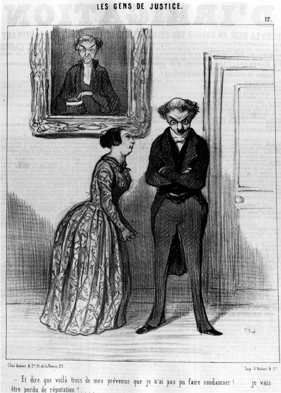 Ja sanoa, että nämä ovat kolme vastaajaani, joita en olisi voinut tuomita!... menetä maineen!... , Gens de Justice -sarjasta, Honore Daumierin (1808-1879) sarjakuvista oikeudenmukaisuudesta. “Charivari” tekijältä Honoré Daumier