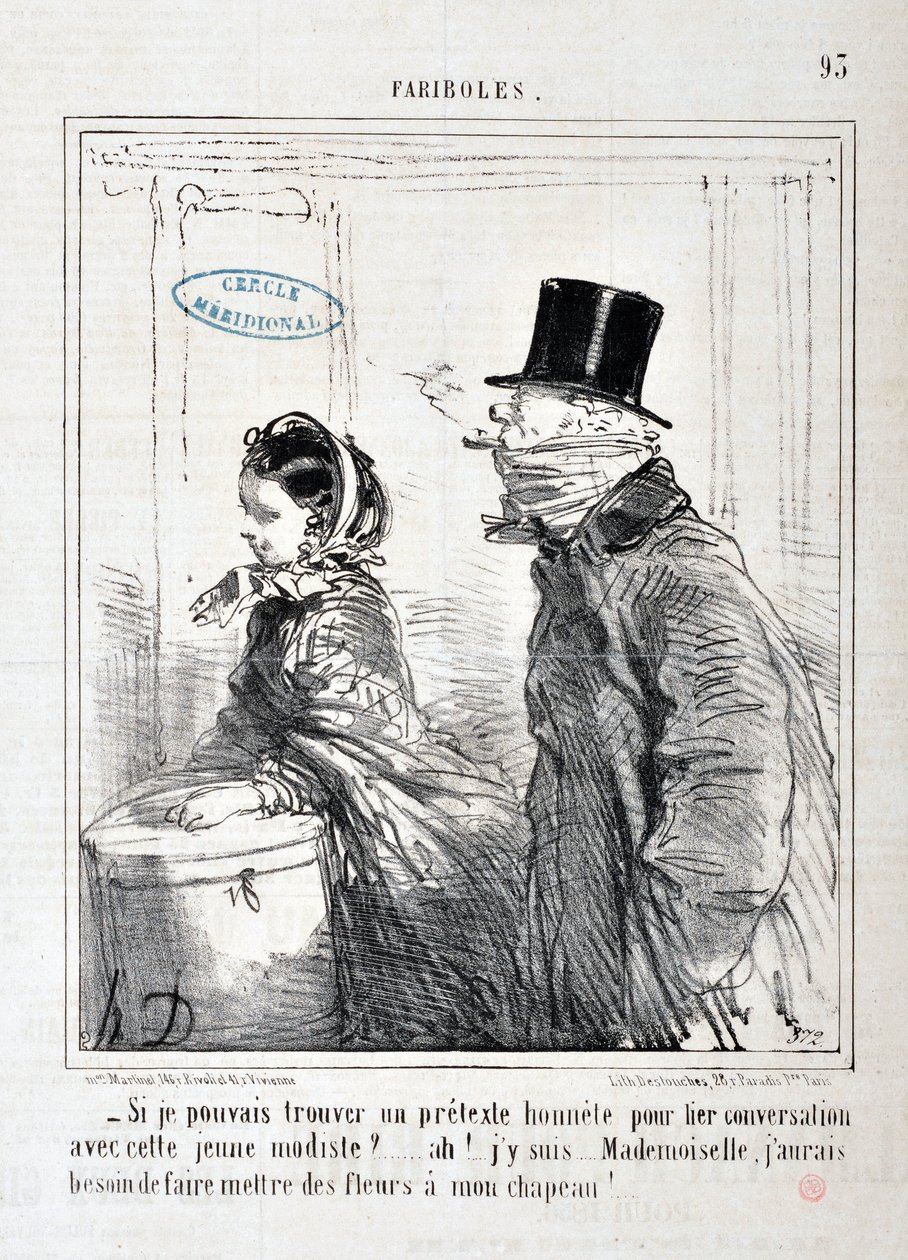 Honore Daumierin (1808-1879) taideteos Charivari: Serie FARIBOLES "" - Voisitko löytää rehellisen tekosyyn yhdistää keskustelu tämän nuoren mallin kanssa?... Ah! Olen täällä... neiti, minun täytyy laittaa kukkia hattuni! KUUTATAIDEMUSEO - PALACE LONGCHAMP, tekijältä Honoré Daumier