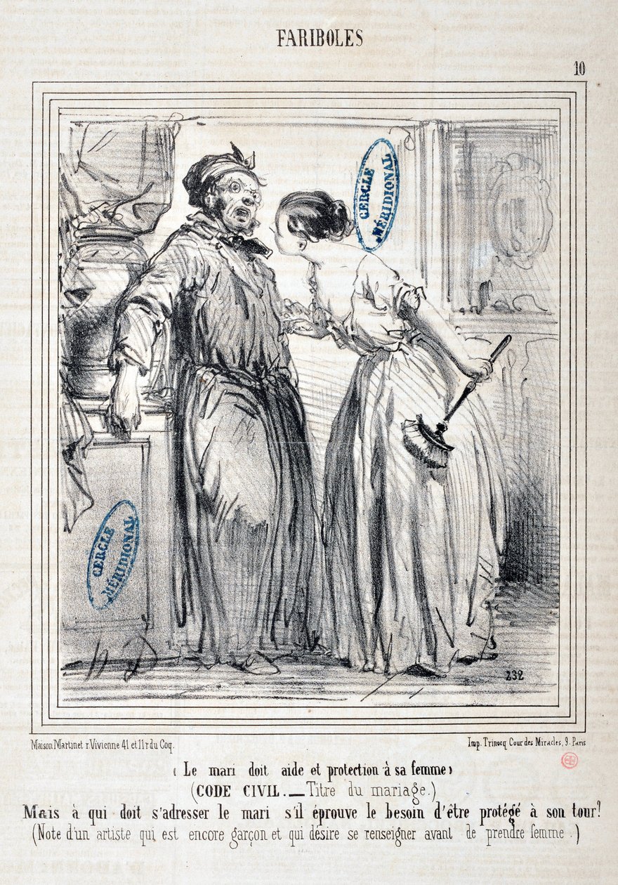 Honore Daumierin (1808-1879) taideteos Charivari: Serie FARIBOLES Le mari doit aide et protection a sa femme (siviililaki - Title du mariage) "" -Mutta kenen tulee kääntyä aviomiehen puoleen, jos hän puolestaan kokee, että häntä suojellaan? (Huomautus arti tekijältä Honoré Daumier
