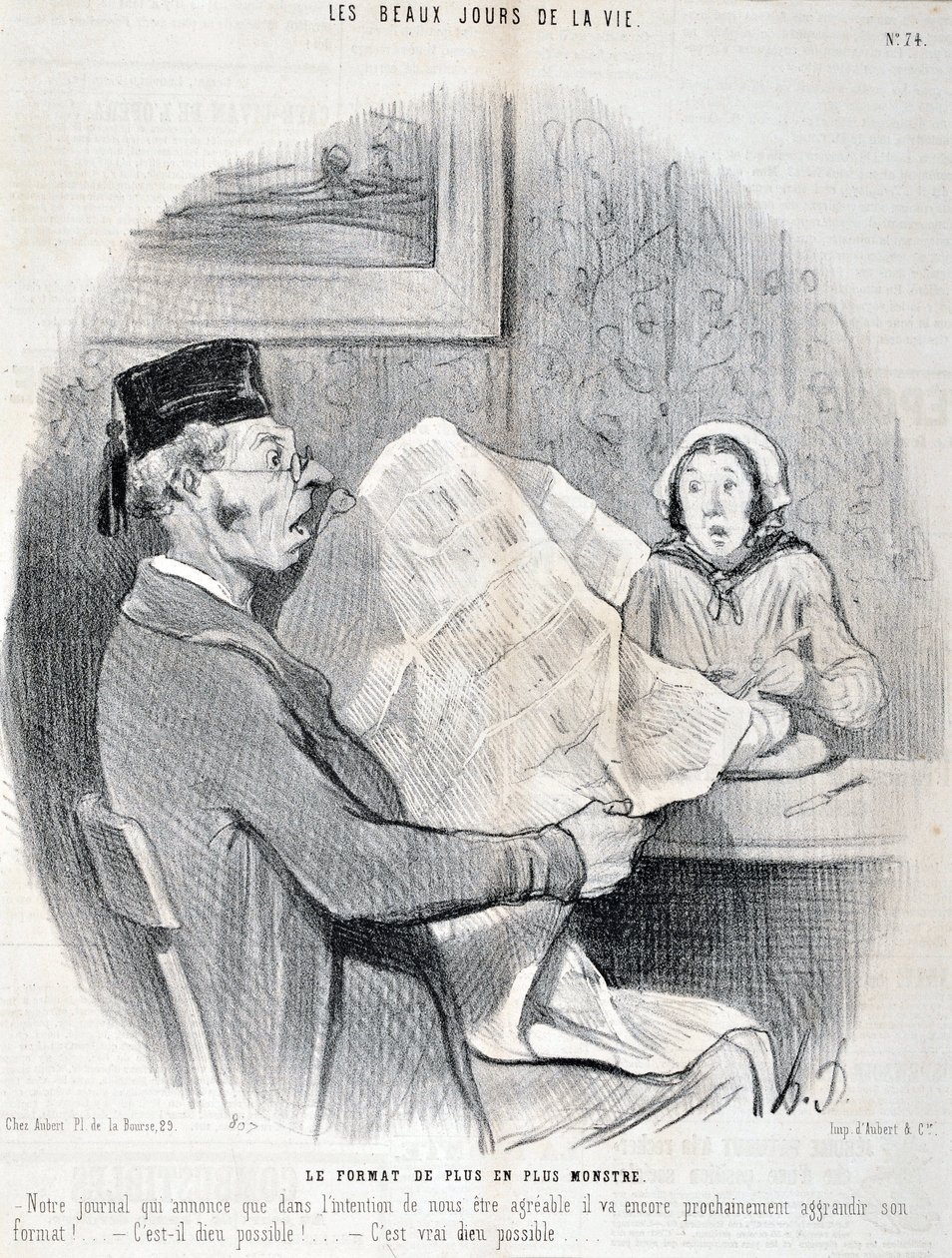 Honore Daumierin (1808-1879) taideteos. Charivari: Sarja ELÄMÄN KAUNEUSPÄIVÄT. Yhä hirviömuoto "" -Sanomalehtemme, joka ilmoittaa, että ollakseen sinulle mieluisa se kasvattaa pian muotoaan entisestään! onko se mahdollista jumala? "MUSEE DES B tekijältä Honoré Daumier
