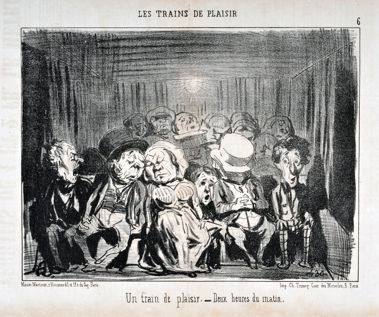 Honore Daumierin (1808-1879) Charivarin taideteos vuodelta 1852: Serie LES TRAINS DE PLAISIR - Nautintojuna. - Kello kaksi aamulla. KUUTATAIDEMUSEO - PALACE LONGCHAMP, MARSEILLE tekijältä Honoré Daumier