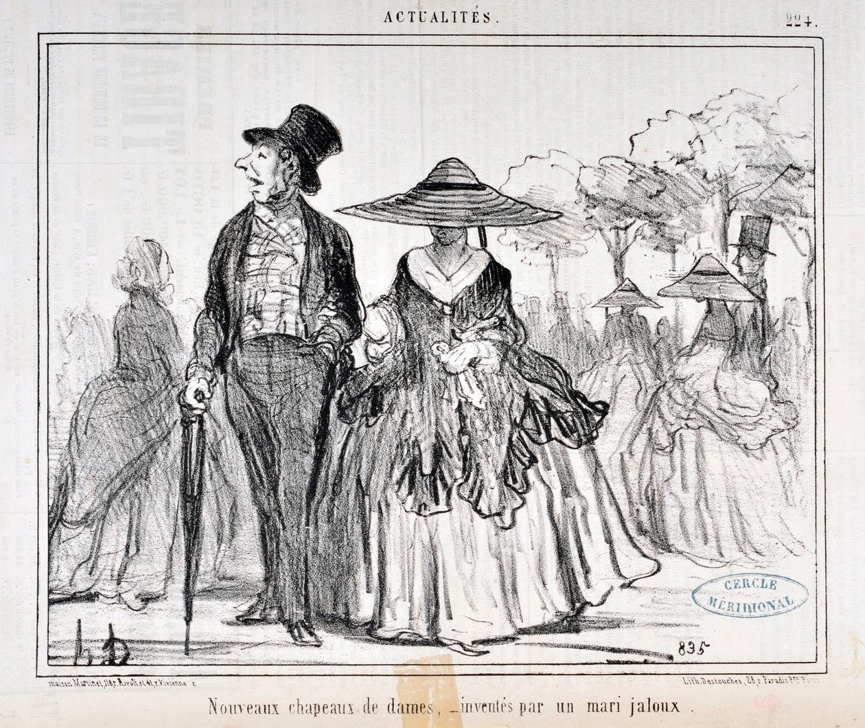 Honore Daumierin (1808-1879) Charivarin taideteos vuodelta 1855: Serie Actualites "" Uudet naisten hatut, mustasukkaisen aviomiehen keksimä "" MUSEE DES BEAUX ARTS - PALAIS LONGCHAMP, MARSEILLE tekijältä Honoré Daumier