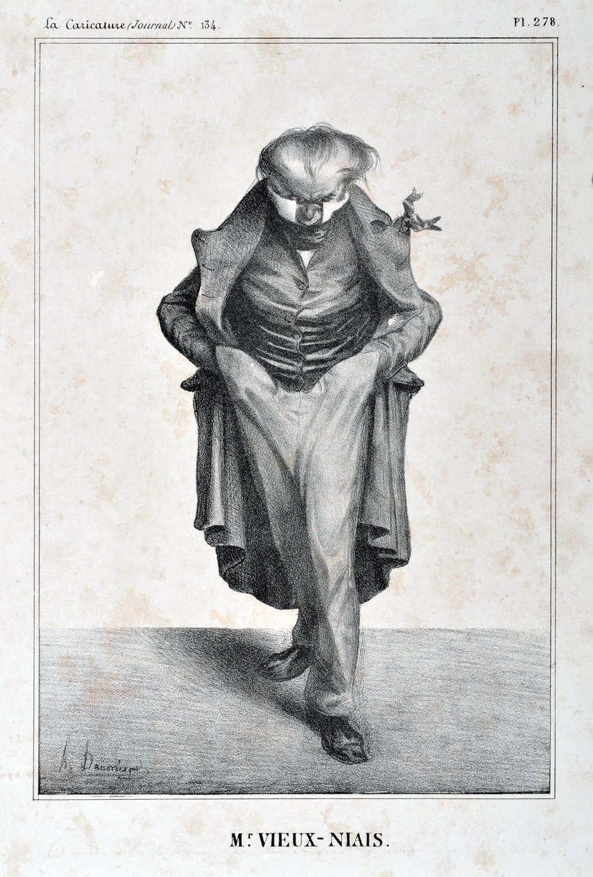 Honore Daumierin (1808-1879) taideteos. Charivari on vuodelta 1833: Serie Celebrites de la Caricature "" M. Vieux-Niais "" MUSEE DES BEAUX ARTS - PALAIS LONGCHAMP, MARSEILLE tekijältä Honoré Daumier