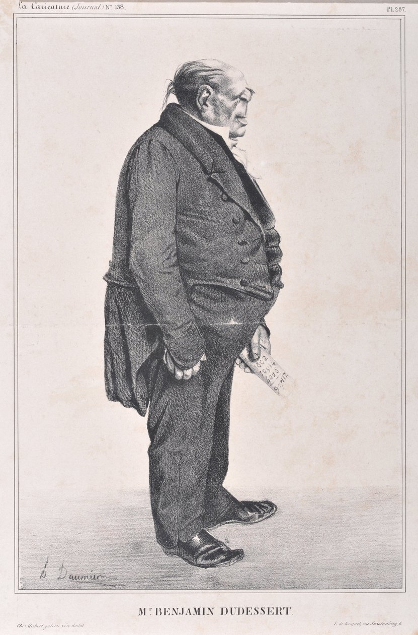 Honore Daumierin (1808-1879) taideteos. Charivari on vuodelta 1833: Celebrites de la Caricature -sarja "" M. Benjamin Dudessert "" "MUSEE DES BEAUX ARTS - PALAIS LONGCHAMP, MARSEILLE tekijältä Honoré Daumier