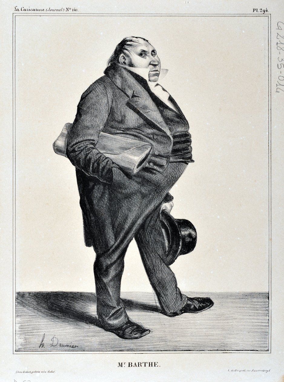 Honore Daumierin (1808-1879) taideteos. Charivari on vuodelta 1833: Serie Celebrites de la Caricature “” M. Barthe”” KUUTATAIDEMUSEO – PALAIS LONGCHAMP, MARSEILLE tekijältä Honoré Daumier