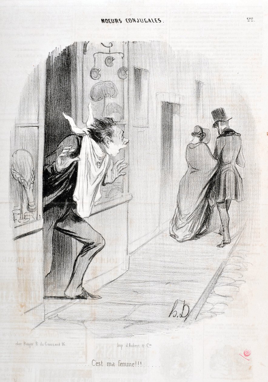 Honore Daumierin (1808-1879) taideteos. Charivari on vuodelta 1840 Serie MORIES CONJUAL “” Se on vaimoni!!! "" KUUTATAIDEMUSEO - PALACE LONGCHAMP, MARSEILLE tekijältä Honoré Daumier