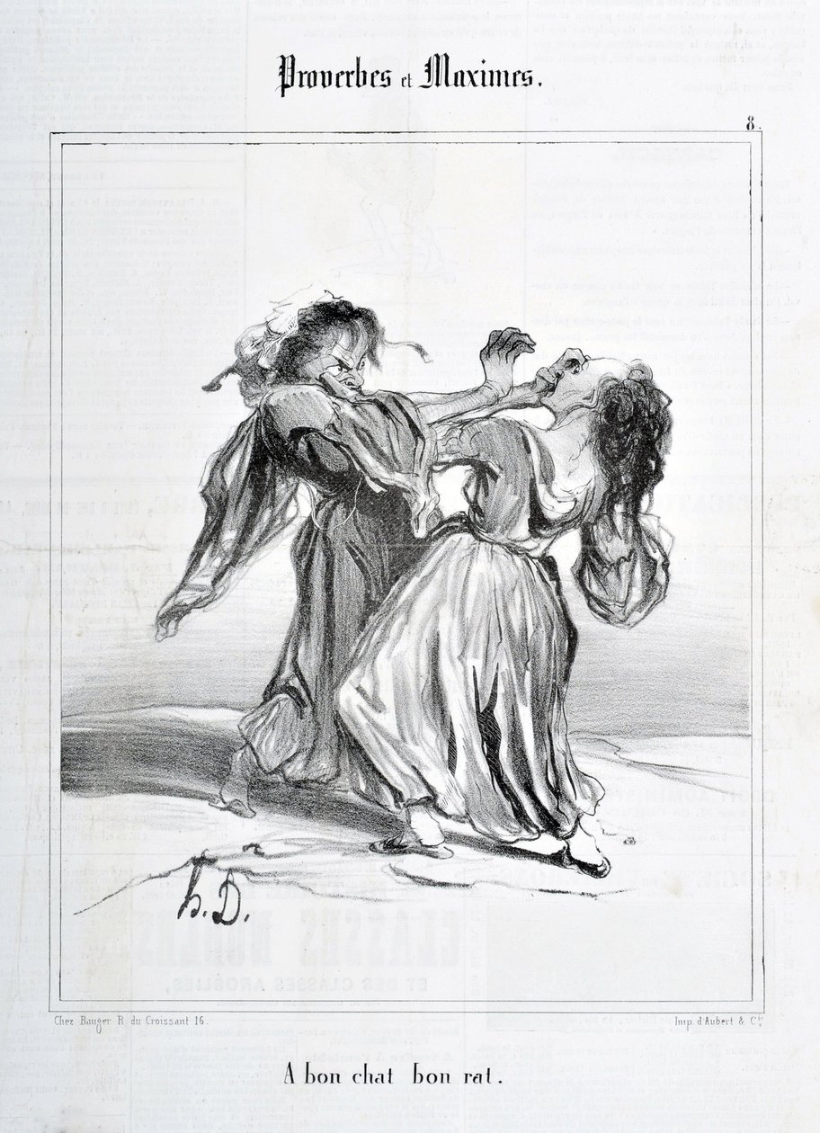 Honore Daumierin (1808-1879) taideteos. Charivari on vuodelta 1840: Sarja SANANLASKUJA JA MAKSIMISIA ”A bon cat bon rot”” KUUTATAIDEMUSEO – PALAIS LONGCHAMP, MARSEILLE tekijältä Honoré Daumier