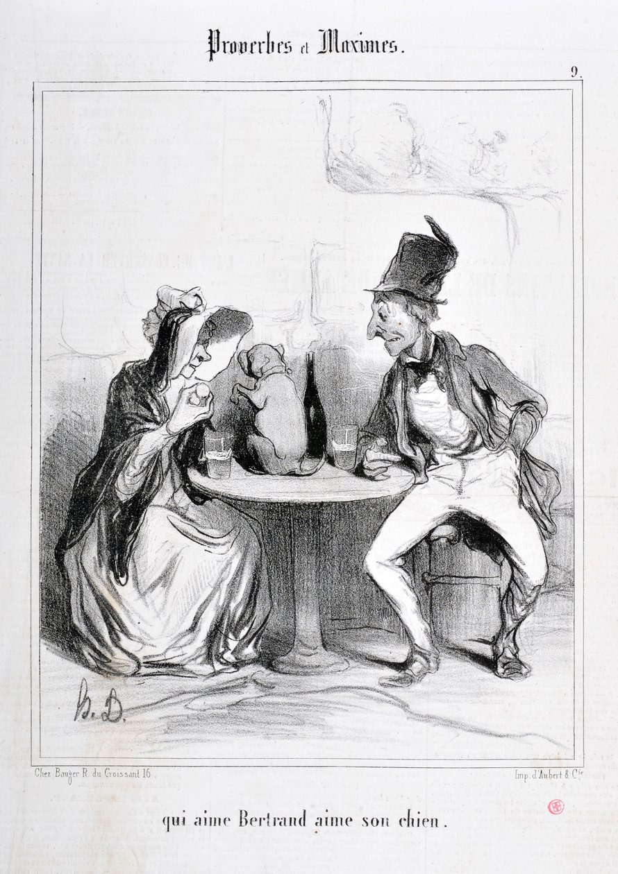 Honore Daumierin (1808-1879) taideteos. Charivari on vuodelta 1840: Sarja PROVERBES ET MAXIMES "" qui aime Bertrand aime son chien"" MUSEE DES BEAUX ARTS - PALAIS LONGCHAMP, MARSEILLE tekijältä Honoré Daumier
