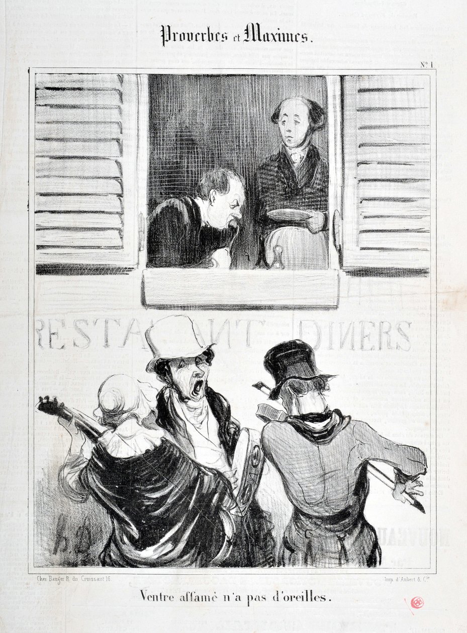 Honore Daumierin (1808-1879) taideteos. Charivari on vuodelta 1840: Serie PROVERBES ET MAXIMES "" Vatsanälkään ei ole korvia""" MUSEE DES BEAUX ARTS - PALAIS LONGCHAMP, MARSEILLE tekijältä Honoré Daumier
