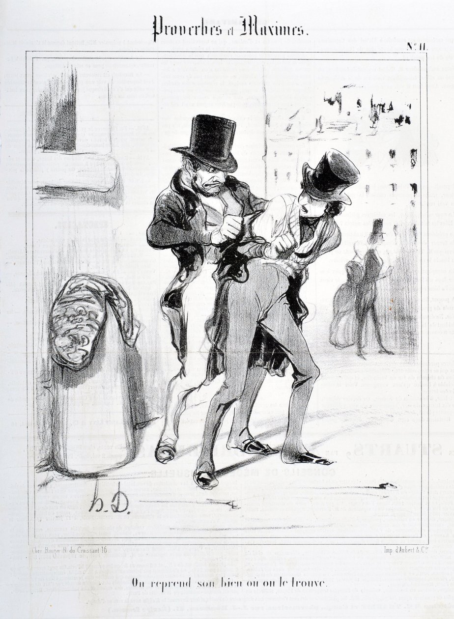 Honore Daumierin (1808-1879) taideteos. Charivari on vuodelta 1840: Serie PROVERBES ET MAXIMES "" Jatkamme omaisuuttamme tai löydämme sen "" "MUSEE DES BEAUX ARTS - PALAIS LONGCHAMP, MARSEILLE tekijältä Honoré Daumier