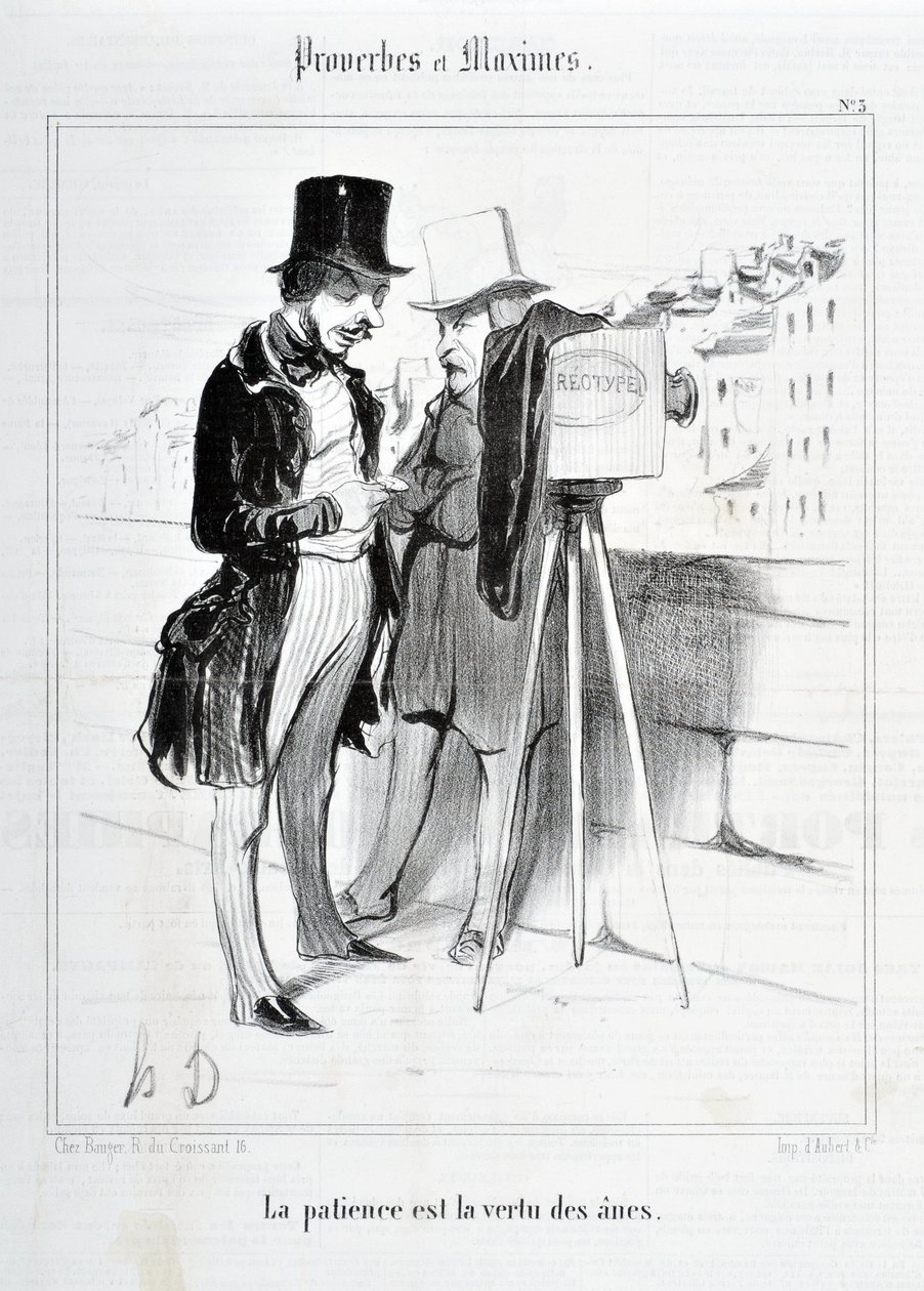 Honore Daumierin (1808-1879) taideteos. Charivari on peräisin vuodelta 1840: Sarja SANANLASKUJA JA MAKSIMIT ”Kärsivällisyys on aasien hyve”” KUVATAIDEMUSEO – PALAIS LONGCHAMP, MARSEILLE tekijältä Honoré Daumier