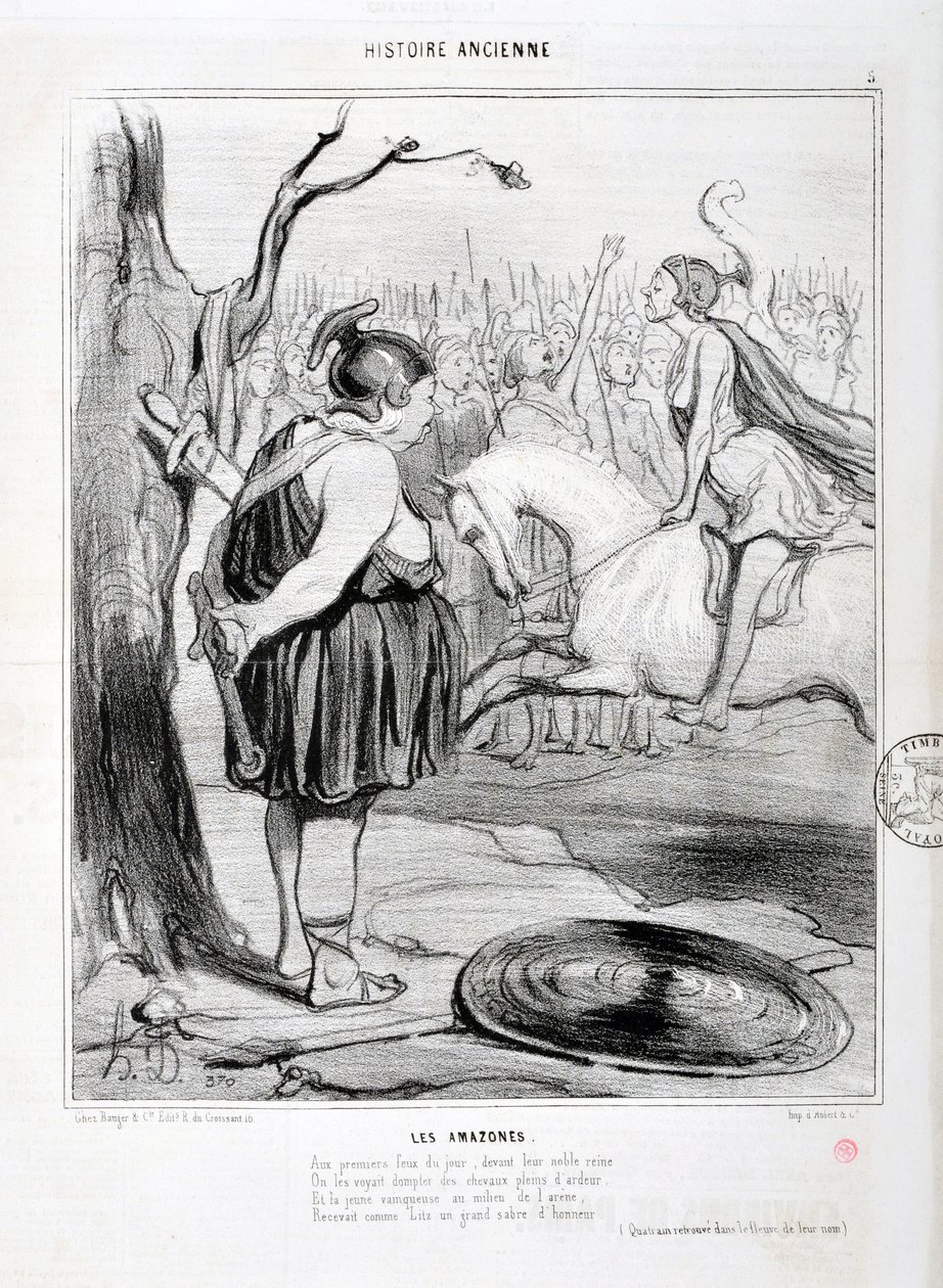 Honore Daumierin (1808-1879) Charivarin taideteos on vuodelta 1842: Serie HISTORIE ANCIE Les Amazones. "" Päivän ensimmäisessä tulipalossa heidän jalon kuningattarensa edessä heidän nähtiin kesyttävän intoa täynnä olevia hevosia. Ja nuori voittaja areenan  tekijältä Honoré Daumier