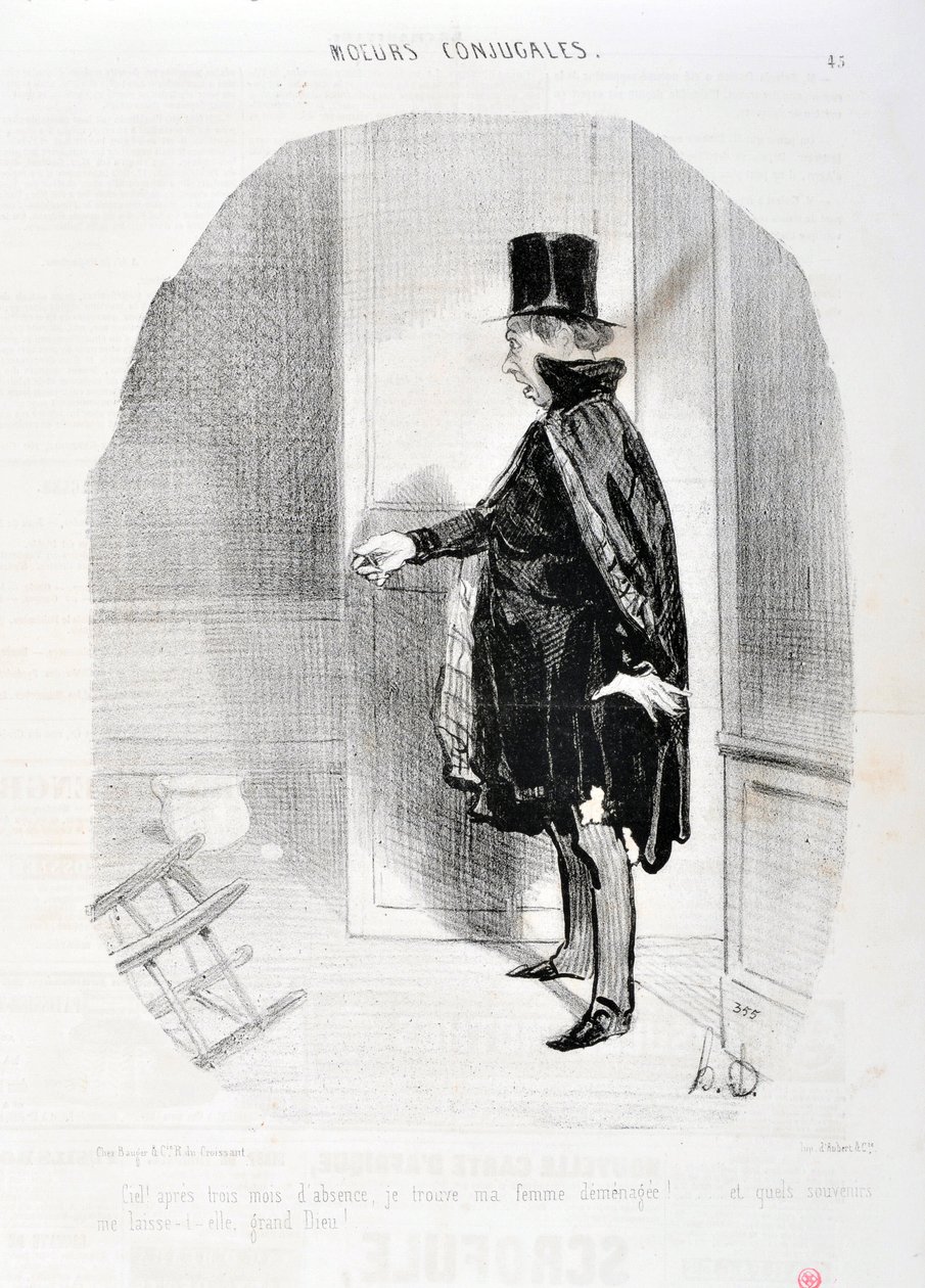 Honore Daumierin (1808-1879) taideteos. Charivari on vuodelta 1842: Serie MORES CONJUALES "" Taivas kolmen kuukauden poissaolon jälkeen löydän vaimoni demenagesta ja mitä muistoja pesen hänen suuren Jumalansa! "" KUUTATAIDEMUSEO - PALACE LONGCHAMP, MARSEIL tekijältä Honoré Daumier