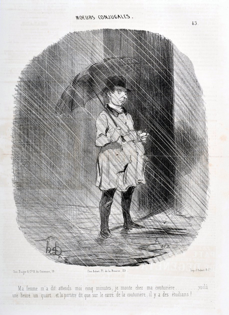 Honore Daumierin (1808-1879) taideteos. Charivari on vuodelta 1842: Serie MORES CONJUALES "" Vaimoni käski minun odottaa viisi minuuttia, että menen couturiereani tunti neljännes sitten ja ovessa lukee, että couturieren aukiolla on opiskelijoita! " tekijältä Honoré Daumier
