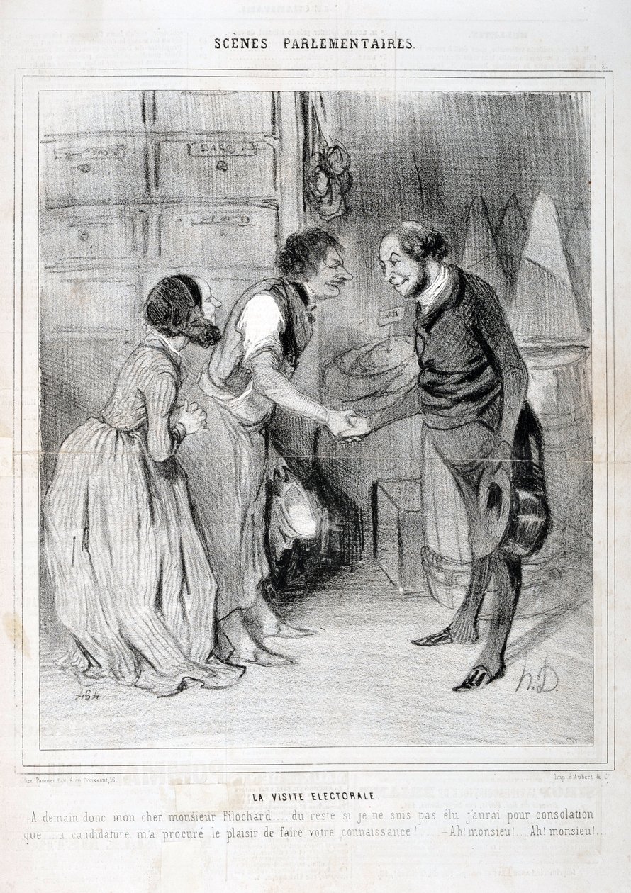 Honore Daumierin (1808-1879) taideteos. Charivari on vuodelta 1843: Serie SCENES PARLAMENTARY. Vaalivierailu. KUUTATAIDEMUSEO - PALACE LONGCHAMP, MARSEILLE tekijältä Honoré Daumier