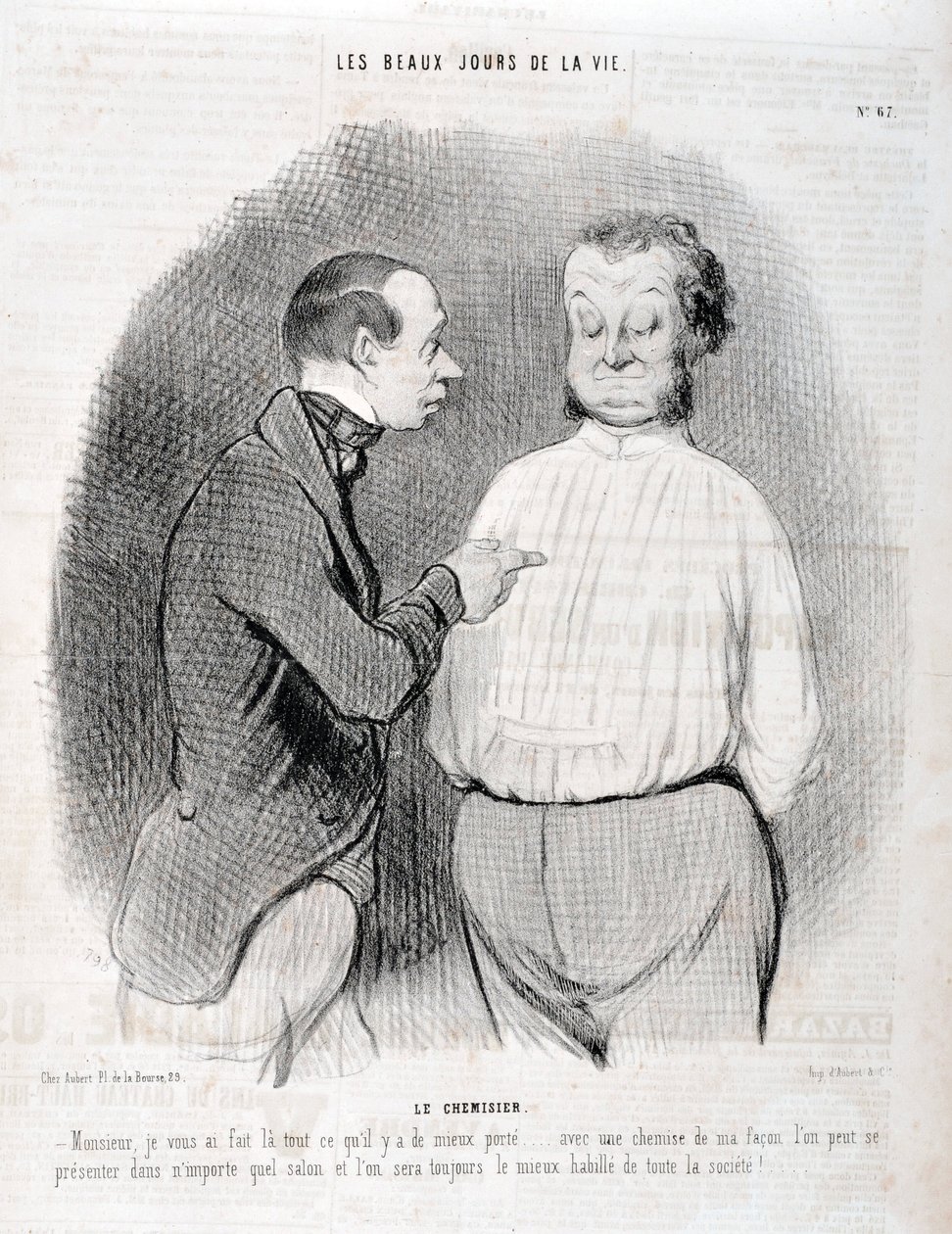 Honore Daumierin (1808-1879) taideteos. Charivari on vuodelta 1845: Serie LES BEAUX DAYS DE LA VIE. Pusero "" -Herra, tein sinusta parhaan päälläni... minun tavallani paidalla voit esitellä itsesi missä tahansa olohuoneessa ja olemme aina parhaiten pukeutu tekijältä Honoré Daumier