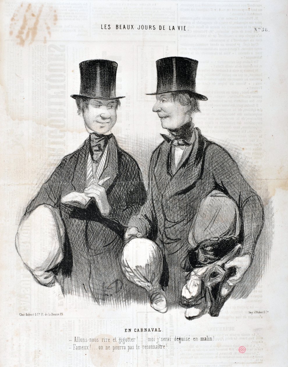 Honore Daumierin (1808-1879) taideteos. Charivari on vuodelta 1845: Serie LES BEAUX DAYS DE LA VIE. Karnevaalissa "" - Naurataan ja nauretaan! Tulen pettymään älykkäänä! Kuuluisa! Emme voi tunnistaa sinua...” MUSEUM OF FINE ARTS - PALACE LONGCHAMP, MARSEIL tekijältä Honoré Daumier