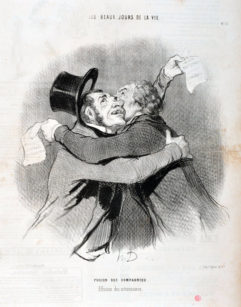 Honore Daumierin (1808-1879) taideteos. Charivari on vuodelta 1845: Serie LES BEAUX DAYS DE LA VIE. Yritysten sulautuminen - Osakkeenomistajien putoaminen. KUUTATAIDEMUSEO - PALACE LONGCHAMP, MARSEILLE tekijältä Honoré Daumier