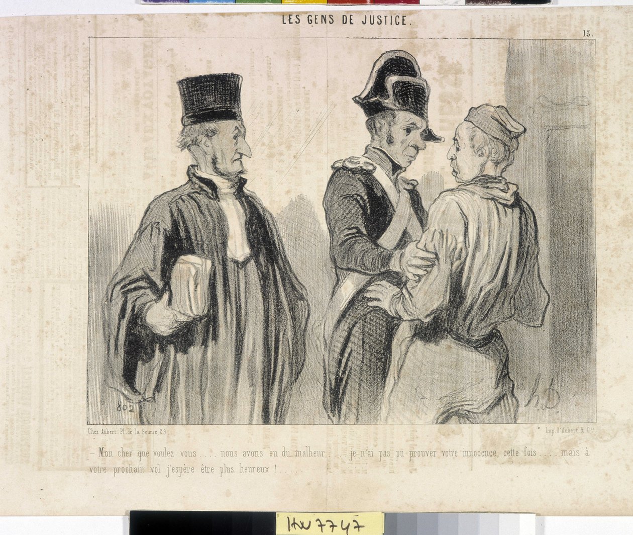 Honore Daumierin (1808-1879) taideteos. Charivari on vuodelta 1845: Serie LES PEANS DE JUSTICE. "" -Rakas mitä haluat... meillä oli epäonnea... En pystynyt todistamaan syyttömyyttäsi tällä kertaa... mutta seuraava lentosi toivon olevani onnellisempi."""""  tekijältä Honoré Daumier