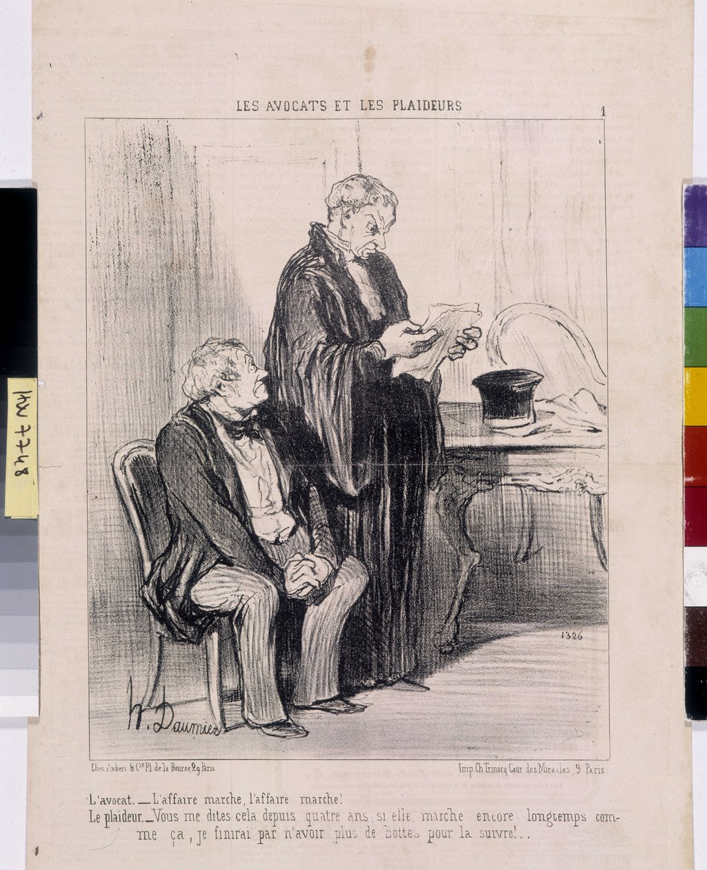 Honore Daumierin (1808-1879) taideteos. Charivari on vuodelta 1851: Serie LES Avocats et les litigants. "Lakimies - asia toimii, tapaus toimii! Oikeudenmies-Olet kertonut minulle tätä neljä vuotta, jos hän vielä kävelee niin kauan, että minulla on tekijältä Honoré Daumier