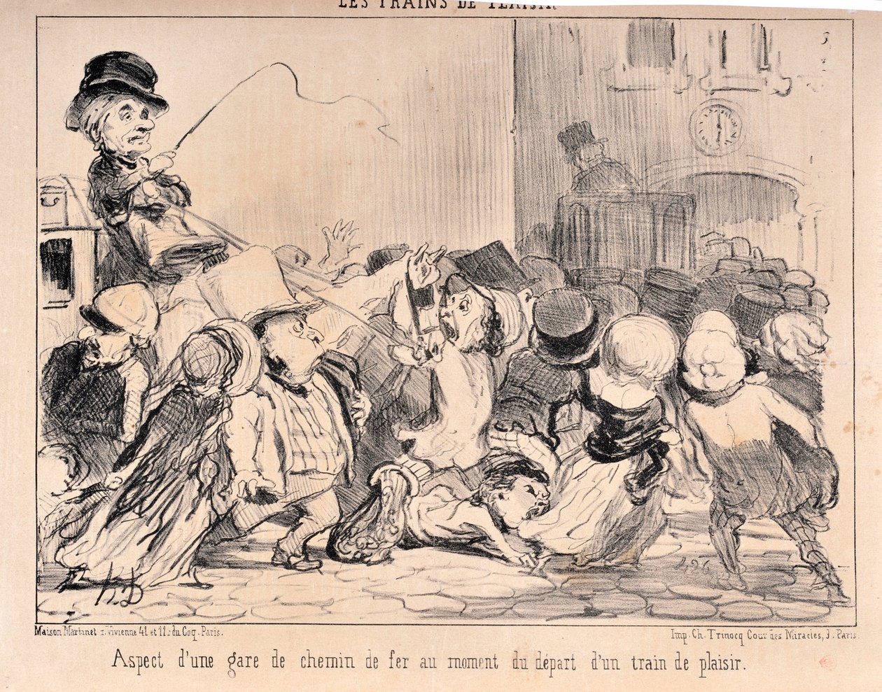Honore Daumierin (1808-1879) taideteos. Charivari on vuodelta 1852: Serie LES TRAINS DE PLAISURE Rautatieaseman ulkonäkö huvijunan lähtöhetkellä MUSEE DES BEAUX ARTS - PALAIS LONGCHAMP, MARSEILLE tekijältä Honoré Daumier