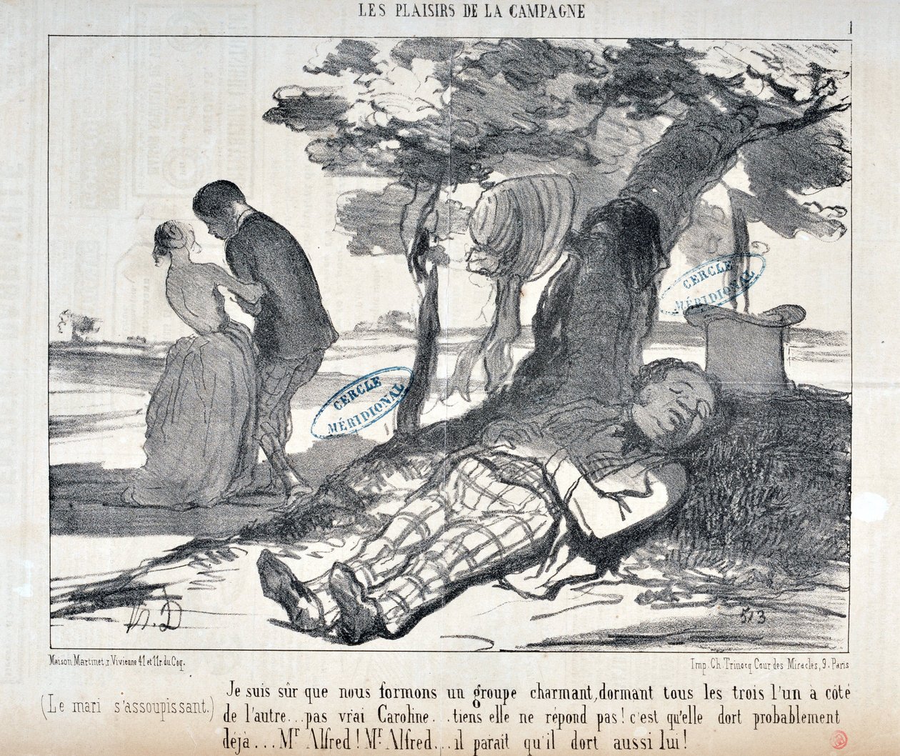 Honore Daumierin (1808-1879) taideteos Charivari on vuodelta 1853: Serie LES PLAISIRS DE LA CAMPAGNE "" Olen varma, että muodostamme viehättävän ryhmän, kaikki kolme toisiaan vastaan ​​... ei totta Caroline ... tee ei vastaa! Hän on varmaan jo unessa tekijältä Honoré Daumier