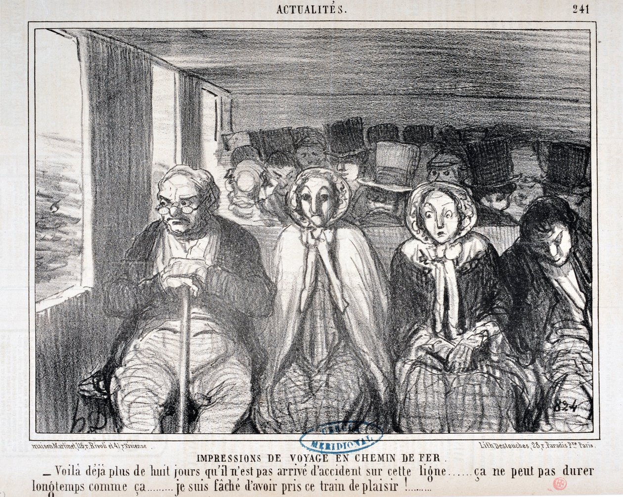 Honore Daumierin (1808-1879) Charivarin taideteos on vuodelta 1855: Serie Actualites de voyage en railroad "" -Tässä on yli kahdeksan päivää, kun tällä radalla ei ole tapahtunut onnettomuutta... se ei voi kestää kauan näin. .. Olen pahoillani, että menin t tekijältä Honoré Daumier