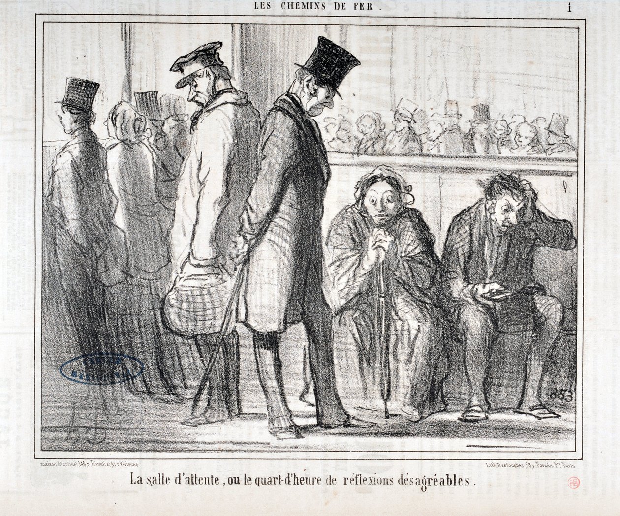 Honore Daumierin (1808-1879) taideteos. Charivari on vuodelta 1855: Serie LES Chemins de fer "" Odotushuone tai neljännestunti epämiellyttäviä heijastuksia""" MUSEE DES BEAUX ARTS - PALAIS LONGCHAMP, MARSEILLE tekijältä Honoré Daumier