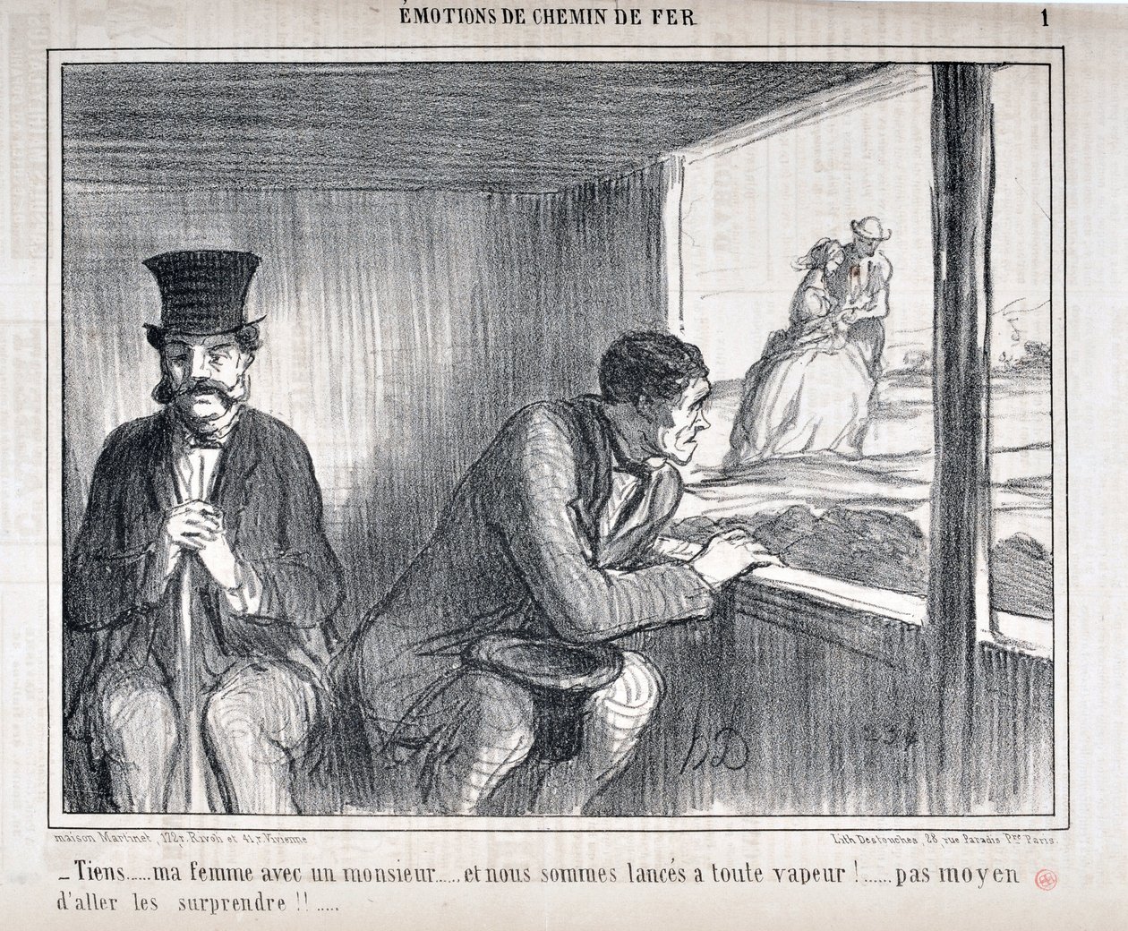 Honore Daumierin (1808-1879) Charivarin taideteos on vuodelta 1858: Serie EMOTIONS FI Chemin de fer - "Tässä... vaimoni herrasmiehen kanssa... ja me mennään täydellä höyryllä eteenpäin!... ei tapahdu yllättää. niitä!!...” KUVATAIDEMUSEO - PALACE LONGCHAMP, tekijältä Honoré Daumier