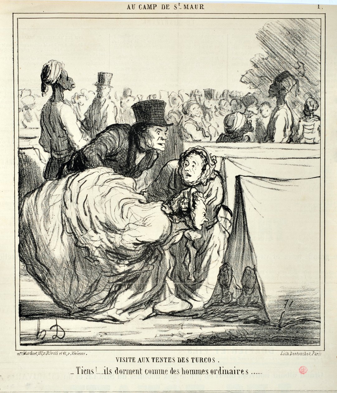 Honore Daumierin (1808-1879) taidetta Charivari on vuodelta 1859: Serie AU CAMP DE SAINT MAUR Vierailu turcojen teltoissa. "" -Tässä!... he nukkuvat kuin tavalliset miehet..." KAUPUTAIDEMUSEO - PALACE LONGCHAMP, MARSEILLE tekijältä Honoré Daumier