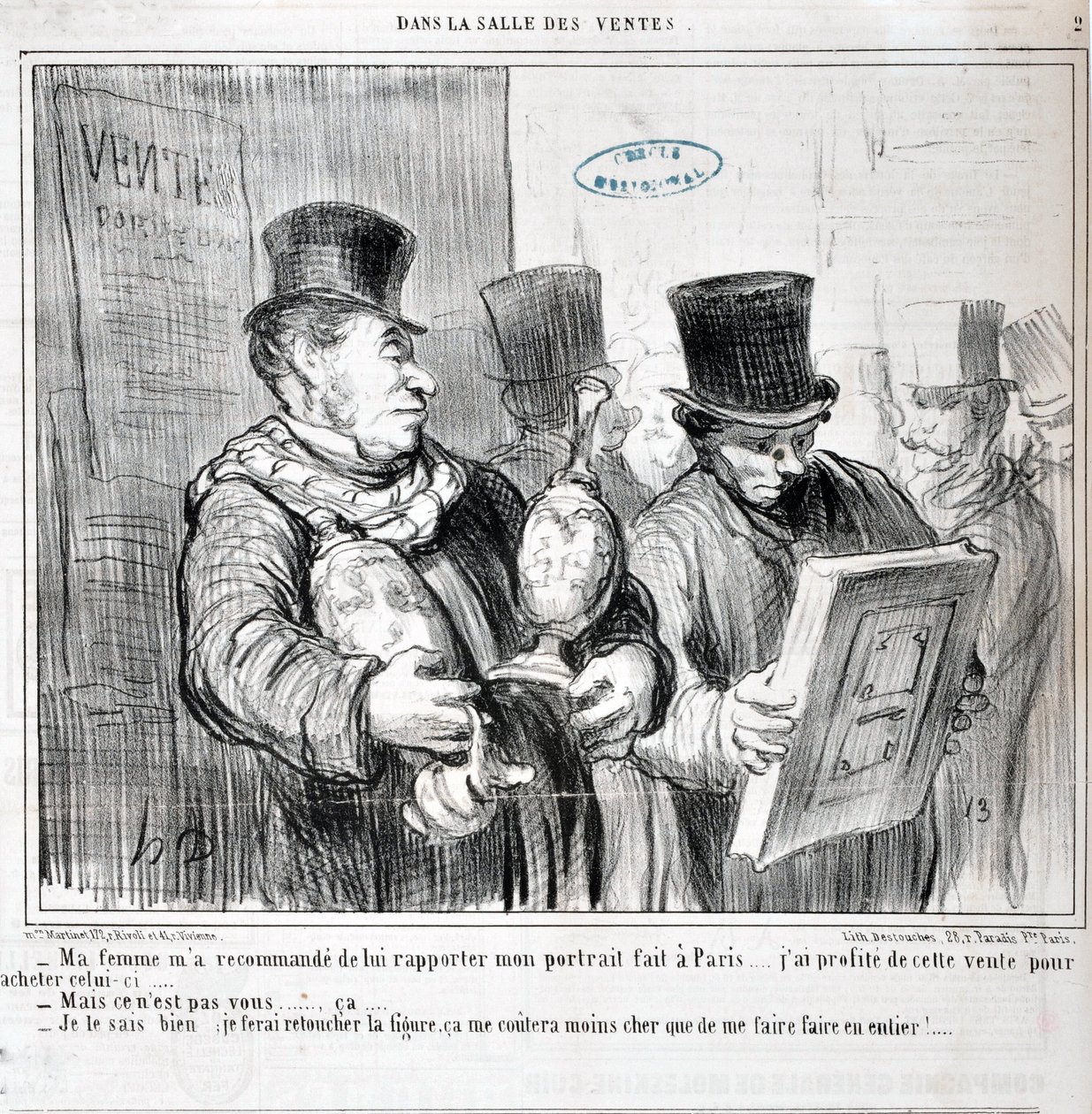 Honore Daumierin (1808-1879) taideteos. Charivari on vuodelta 1859: Sarja MYYNNISSÄ "" - Vaimoni suositteli minua tuomaan hänelle Pariisissa tehdyn muotokuvani... Käytin tätä myyntiä hyväkseni ostaakseni tämän... -Mutta se et ole sinä... noin. .. - Tiedän  tekijältä Honoré Daumier