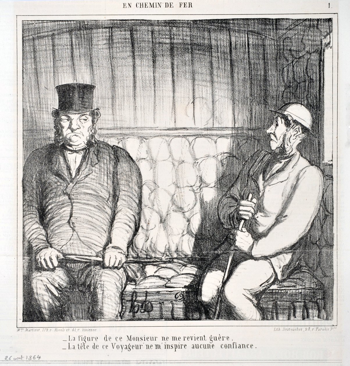 Honore Daumierin (1808-1879) taideteos. Charivari on vuodelta 1864: Serie LES CHAINS DE RAILWAY "" -Tämän herrasmiehen hahmo ei tule mieleeni. - tämän matkustajan pää herättää minussa epäluottamusta""" MUSEE DES BEAUX ARTS - PALAIS LONGCHAMP, MARSE tekijältä Honoré Daumier