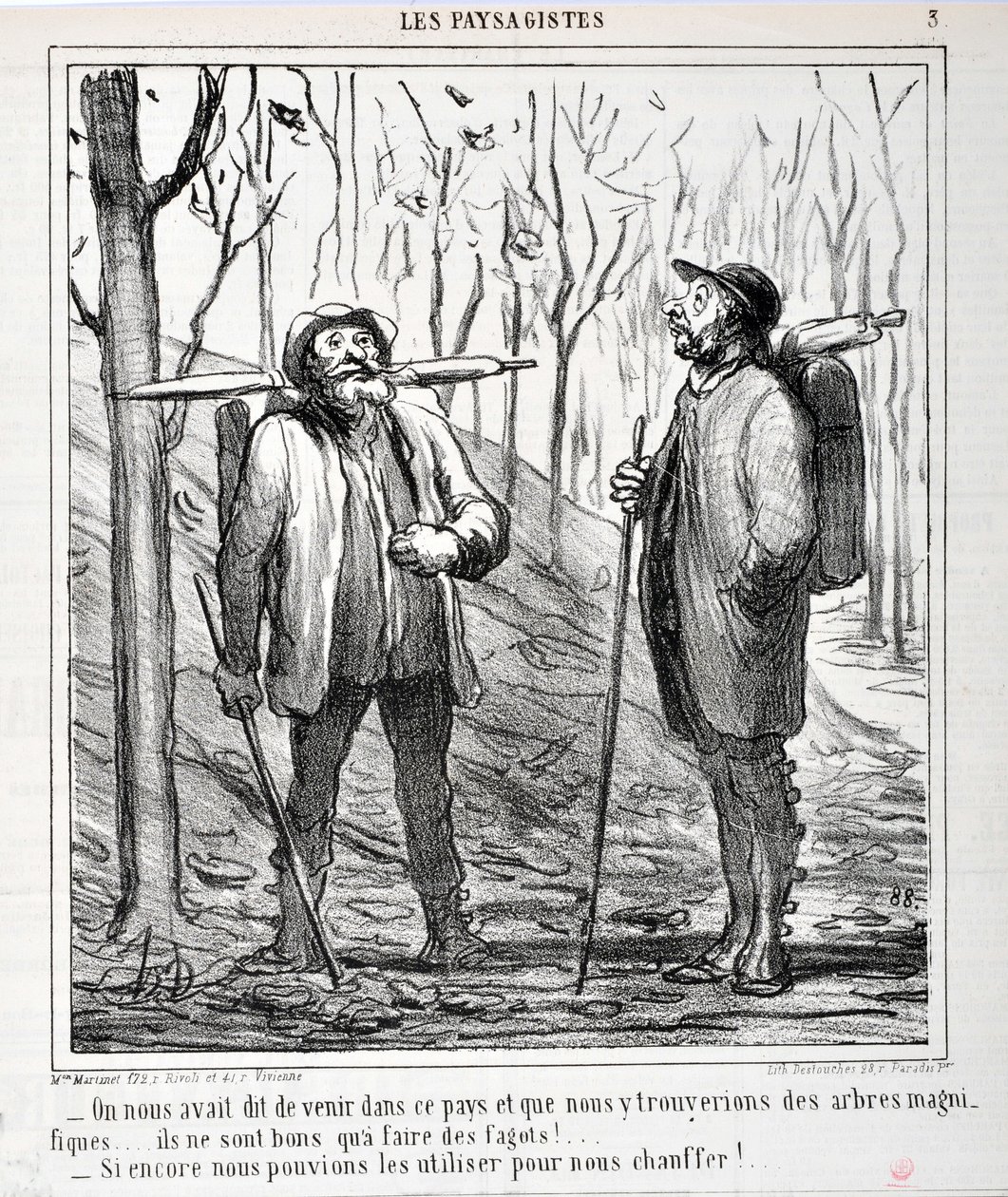 Honore Daumierin (1808-1879) taideteos. Charivari on vuodelta 1864: Serie LES LANDSAGISTS “” - Meitä käskettiin tulla tähän maahan ja että löydämme kauniita puita... niistä on hyvä tehdä peikkoja!... "Jos voisimme käyttää niitä lämmittämään meitä!. ..” SUO tekijältä Honoré Daumier