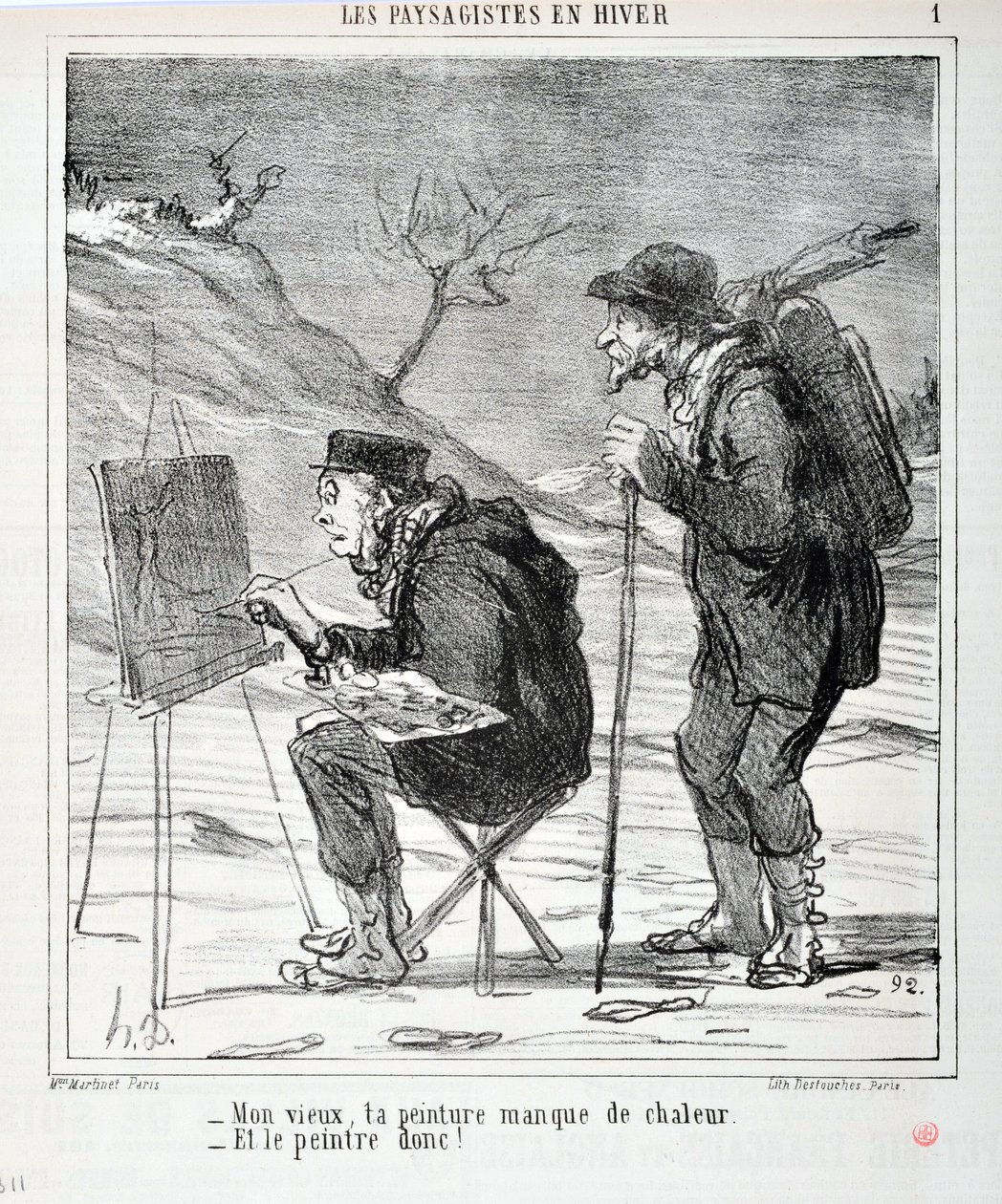 Honore Daumierin (1808-1879) taideteos. Charivari on vuodelta 1864: Serie LES LANDSAGISTS IN WINTER "" - Vanha mies, maalauksestasi puuttuu lämpöä - Ja maalari niin! "" KUUTATAIDEMUSEO - PALACE LONGCHAMP, MARSEILLE tekijältä Honoré Daumier